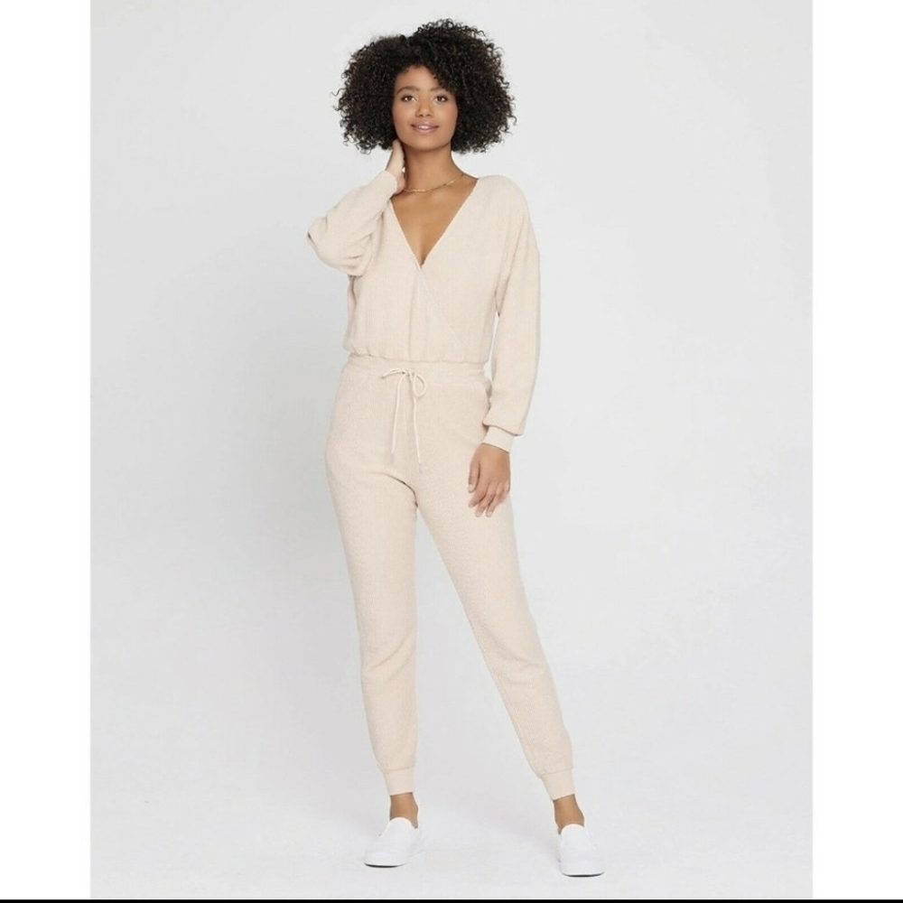 L*SPACE Coastin' Jumpsuit Sandstone Beige Faux Wrap Terry Cloth LG